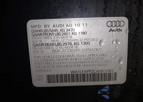 2012 Audi Q5 2.0T Premium from USA, damaged, VIN WA1LFAFP2CA051093